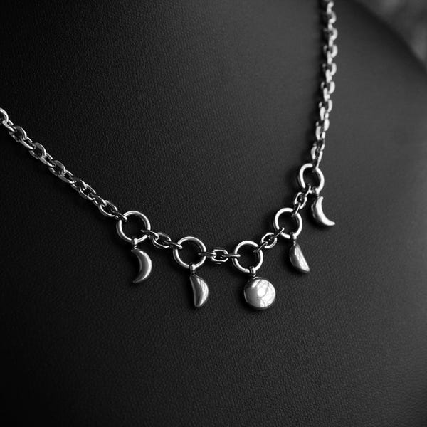 Moon Phase Necklace | Witchy Celestial Stainless Steel Chain Jewelry for Goth Alternative