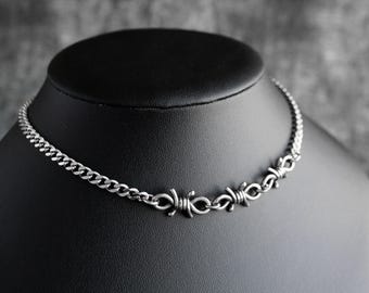 Barbed Wire Stainless Steel Curb Chain Necklace | Jewelry for Alternative, Punk, Goth, Grunge