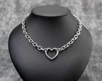 Stainless Steel Heart Chain Necklace: Chunky Punk Goth Jewelry