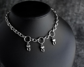 Stainless Steel Tooth Necklace | Chain O Ring Teeth Choker for Goth Alt Punk Grunge