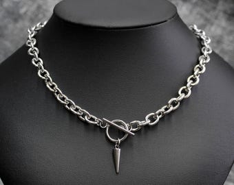 Stainless Steel Spike Toggle Necklace: Chunky Punk Alt Style Chain Choker