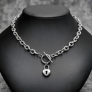 Heart Lock Stainless Steel Lariat Necklace: Chunky Punk Alt Goth Toggle Chain