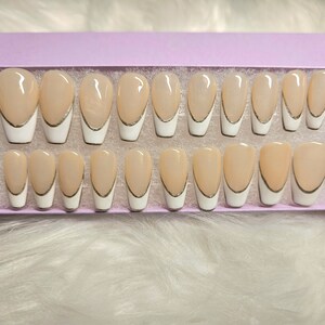 White and silver French tips press on nails for bridal showers or bachelorette.