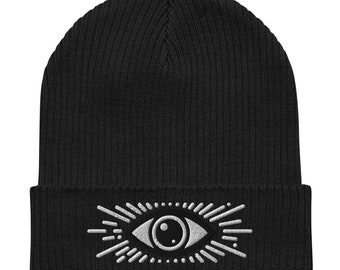 Radiating Third Eye Embroidered Unisex Organic Ribbed Beanie