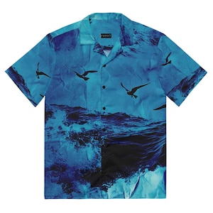 Ocean Wave Button-Up Shirt – Moody Blue Water Print with Seagulls, Seas Print Unisex Summer Shirt, Recycled Breathable Fabric