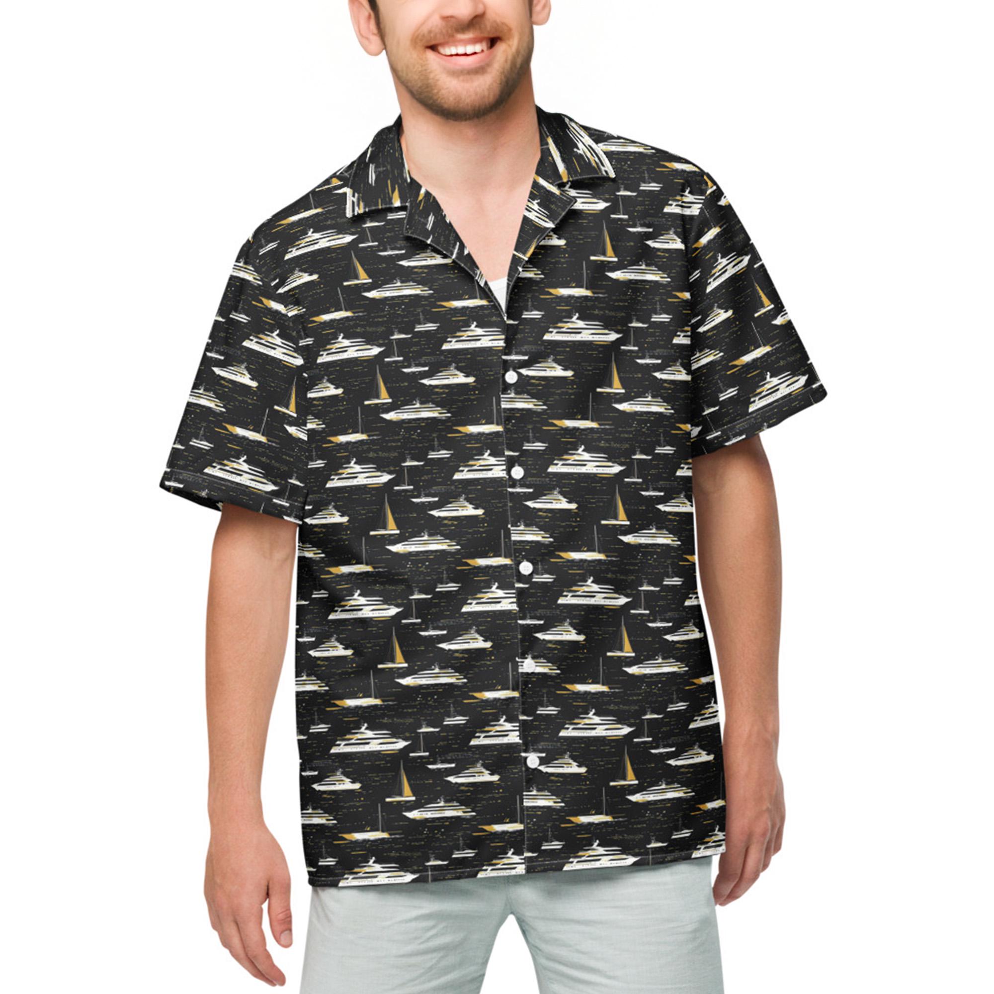 Yachtcore Black Button-Up Shirt – Bold Summer Luxury Boat Print Statement | Lightweight Moisture-Wicking Shirt