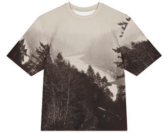 Big River California Landscape Vintage Art T-Shirt | Oversized Matte Cotton Nature Statement Tee