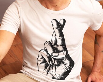 Crossed Fingers Unisex T-shirt – Minimalist Urban Stencil, Soft Bella+Canvas Black or White Tee, Streetwear Symbol, Unisex Fit