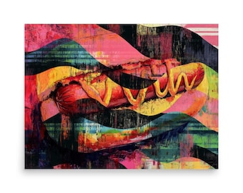 Trippy Hotdog Poster – Psychedelic Glitch Art Kitchen Print, Vibrant Pop Decor