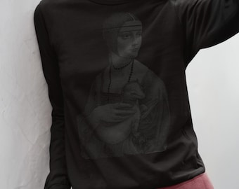 Dame mit Hermelin - Schwarz-auf-Schwarz-Langarm-T-Shirt | Minimale Renaissance Unisex Streetwear