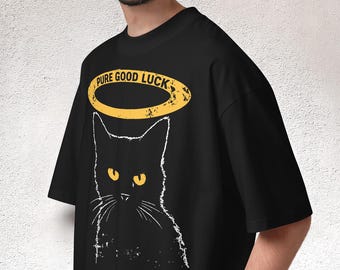 Schwarze Katze Halo T-Shirt - Übergroßes T-Shirt aus Bio-Baumwolle, Minimalistische Lucky Cat Artistic Streetwear
