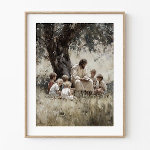 Jesus Teaching Children Wall Art, Muted Jesus Painting, Nursery Art, Baptism Gift, Bible Print, Faith Art, Christian Kids Wall Decor