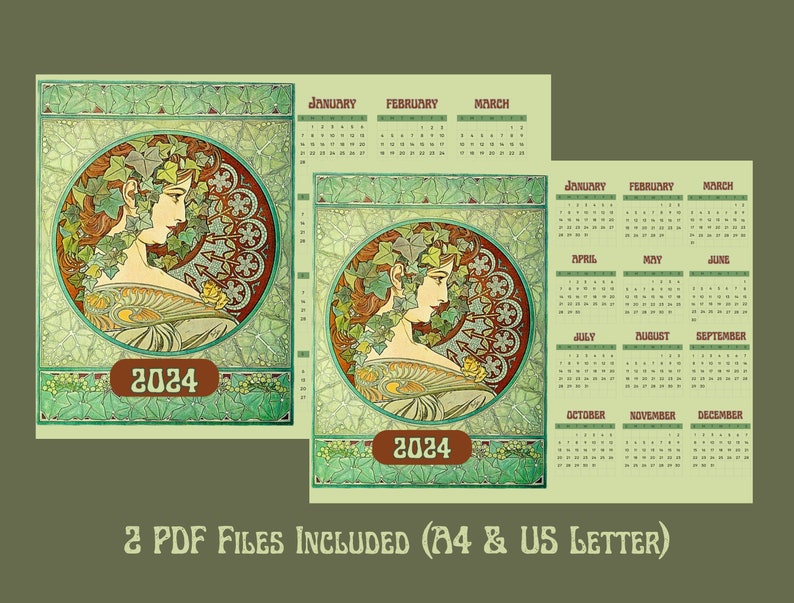 Digital Printable Art Nouveau Calendar 2024 / Ivy Calendar / Etsy