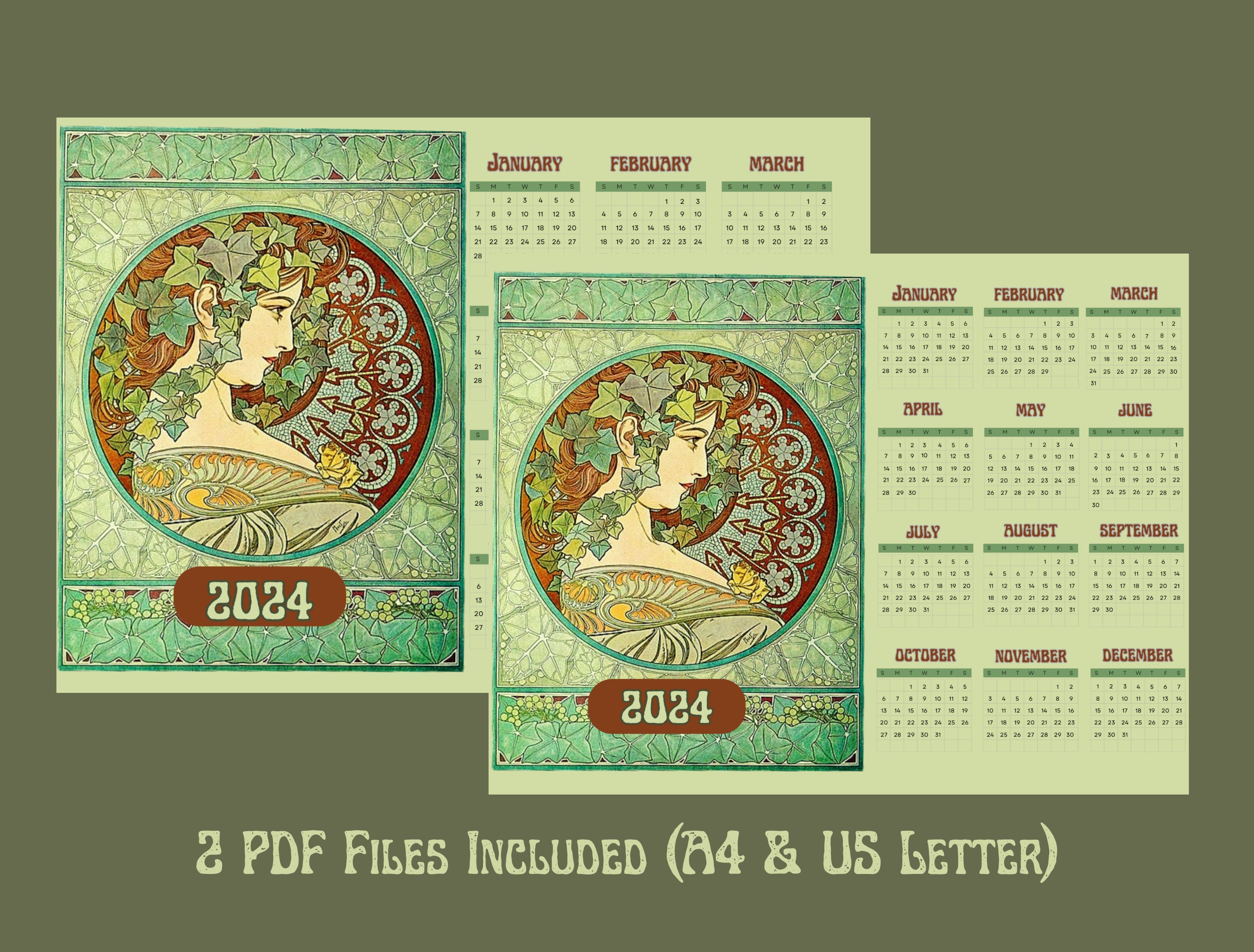 Digital Printable Art Nouveau Calendar 2024 / Ivy Calendar / Antique