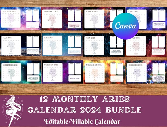 EDITABLE Monthly Calendar 2024 Bundle, Aries Astrology Zodiac Canva Template  Cute Printable Calendar, Digital Download - Etsy