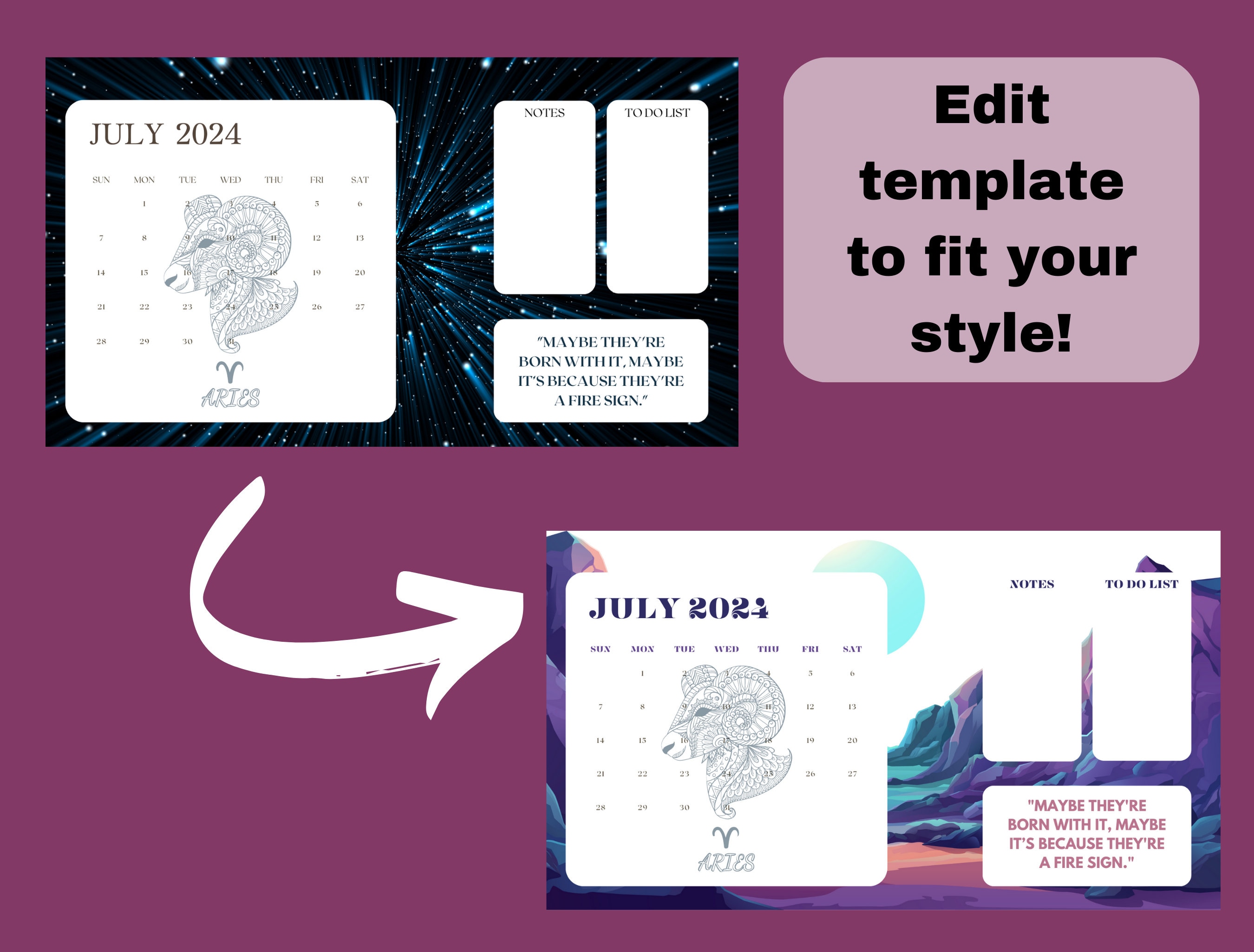 EDITABLE Monthly Calendar 2024 Bundle Aries Astrology Zodiac - Etsy