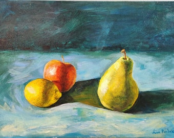 Chiaroscuro Fruits, Original Gemälde von Lina Parlak, Acryl auf Leinwand Bord
