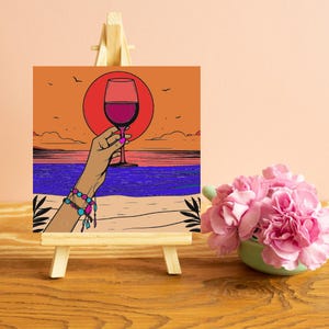 Kit di pittura fai da te Sunset Wine, set di tele 8x8, kit artistico Wine Beach, pittura adatta ai principianti, regalo d&#39;arte per creativi, regalo di pittura, attività