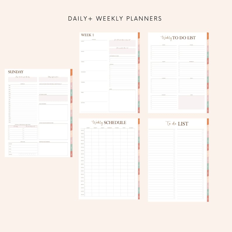 Puede incluir: Un conjunto de planificadores diarios y semanales imprimibles con un dise&ntilde;o minimalista. Los planificadores incluyen secciones para "Domingo", "Semana I", "Lista de tareas semanal", "Horario semanal" y "Lista de tareas".