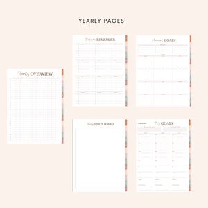 Puede incluir: Un conjunto de p&aacute;ginas de planificador imprimibles con un esquema de color neutro. Las p&aacute;ginas incluyen secciones para la visi&oacute;n general anual, las fechas para recordar, las metas anuales, el tablero de visi&oacute;n anual y mis metas.