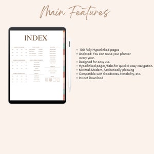 Puede incluir: Un planificador digital con un fondo marr&oacute;n claro y un &iacute;ndice rosa claro y verde. El planificador cuenta con 100 p&aacute;ginas totalmente hipervinculadas, no est&aacute; fechado y est&aacute; dise&ntilde;ado para un uso f&aacute;cil. Incluye p&aacute;ginas e pesta&ntilde;as hipervinculadas para una navegaci&oacute;n r&aacute;pida y sencilla. El planificador es minimalista, moderno y est&eacute;ticamente agradable. Es compatible con Goodnotes, Notability y otras aplicaciones para tomar notas. El planificador est&aacute; disponible para descarga instant&aacute;nea.