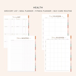 Puede incluir: P&aacute;ginas de planificador imprimibles con un tema de salud. Las p&aacute;ginas incluyen una lista de la compra, un planificador de comidas, un planificador de fitness y una rutina de cuidado personal.