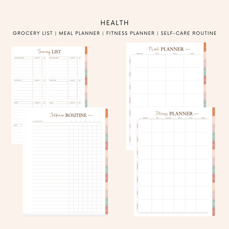 Puede incluir: P&aacute;ginas de planificador imprimibles con un tema de salud. Las p&aacute;ginas incluyen una lista de la compra, un planificador de comidas, un planificador de fitness y una rutina de cuidado personal.