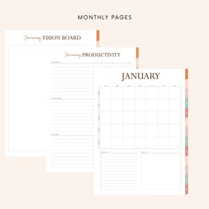 Puede incluir: Un conjunto de p&aacute;ginas de planificador imprimibles para enero con un tablero de visi&oacute;n, un rastreador de productividad y un calendario mensual. Las p&aacute;ginas son blancas con l&iacute;neas negras y texto.