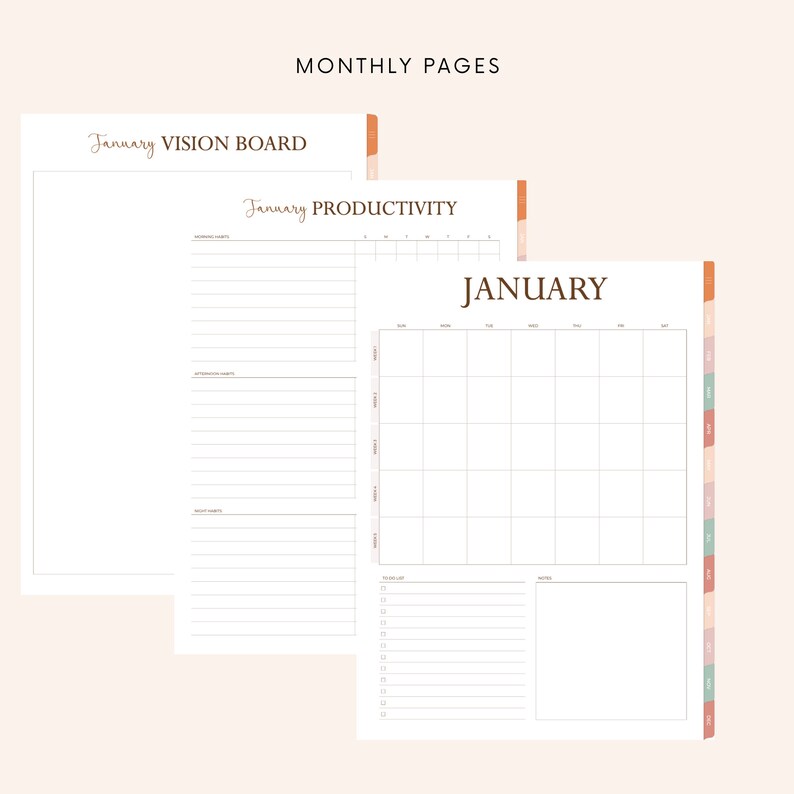 Puede incluir: Un conjunto de p&aacute;ginas de planificador imprimibles para enero con un tablero de visi&oacute;n, un rastreador de productividad y un calendario mensual. Las p&aacute;ginas son blancas con l&iacute;neas negras y texto.