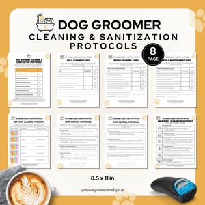Puede incluir: Una guía de 8 páginas titulada 'Protocolos de limpieza y desinfección para peluqueros caninos'. La guía incluye secciones sobre tareas diarias, semanales y mensuales, productos de limpieza seguros para mascotas y procedimientos de emergencia. La guía mide 21,6 x 27,9 cm.