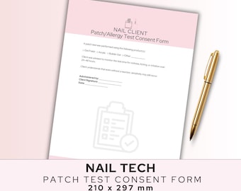 Può includere: Un modulo di consenso per il test del cerotto per clienti di unghie rosa e bianco con il testo "NAIL TECH PATCH TEST CONSENT FORM" e misure di 210 x 297 mm. Una penna dorata è appoggiata sul modulo.
