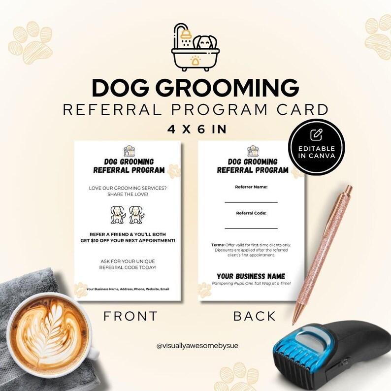 Photo inspiration: Visual Reference: Dog Grooming Referral Program Card Flyer Templates Canva Editable