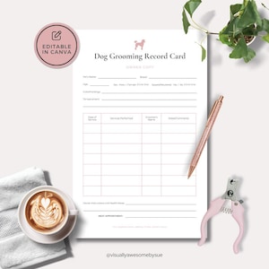 May include: A white dog grooming record card with black text and a pink poodle icon. The form includes fields for pet name, breed, age, sex, and service history. A pink glitter pen and pink nail clippers are placed next to the document.