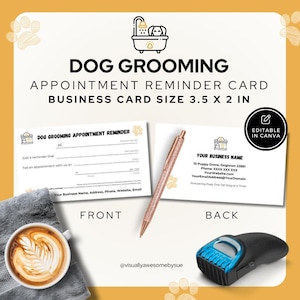 Modelo de cartão de lembrete de consulta de tosa de cachorro DOWNLOAD INSTANTÂNEO Digital para impressão Fácil de usar, Pet Groomer, editável Canva Gold 3,5x2 DGF