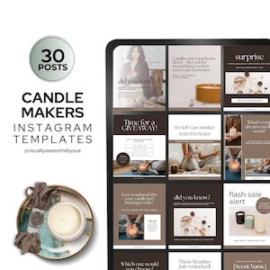 May include: An image showcasing Instagram templates for candle makers. The design includes a circular graphic with "30 POSTS" and text that reads "CANDLE MAKERS INSTAGRAM TEMPLATES @visuallyawesomebysue". The image also features a tray with a candle and accessories.