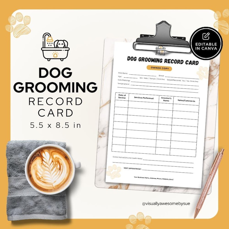 Dog Grooming Record Card Template: Editable Canva Printable (5.5x8.5 In ...