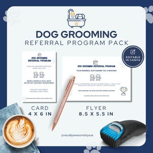 犬のグルーミング紹介プログラムカードとチラシパックのテンプレート即時ダウンロードデジタル印刷可能なペットグルーマー、編集可能なCanvaブルー4x6 8.5x5.5 DGF