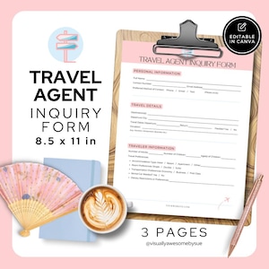 Travel Agent Inquiry Form Template INSTANT DOWNLOAD Customizable Client Intake Travel Advisor Forms, Canva Digital Printable 3pg 8.5x11 TAF