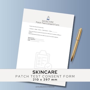 Pode incluir: Um formulário de consentimento de teste de contato Skincare branco com texto e um gráfico de prancheta. Uma caneta dourada repousa sobre o formulário. O formulário mede 210 x 297 mm.