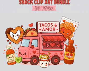 Peut inclure: Un ensemble de clip art de collations mexicaines Kawaii Valentine avec un camion de nourriture rose avec le texte "TACOS & AMOR". L'image comprend un churro, un taco, des chips et des bouteilles de sauce piquante, avec le texte "SAZÓN DE AMOR" et "Mi Valentina."