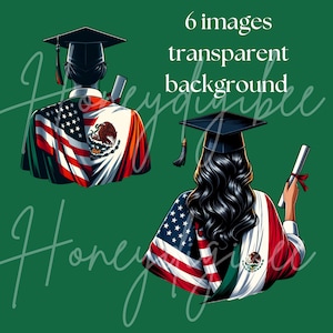 Paquete de imágenes prediseñadas de graduados mexicanos estadounidenses, imágenes de graduación, bandera estadounidense, bandera mexicana, imágenes prediseñadas de Virgen, arte digital