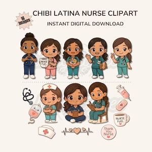 Chibi Latina Nurse Clipart Bundle: Nurse Appreciation PNG Stickers ...