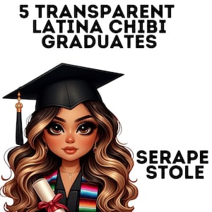 Chibi Latina Graduate PNG Clipart Bundle, Serape Stole, Mexican Graduation, Instant Download