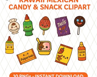 Peut inclure: Un ensemble de 10 images clipart numériques représentant des illustrations de style kawaii de bonbons et en-cas mexicains populaires. Les images comprennent une sucette à la pastèque, une sucette, un sachet de Takis, une bouteille de sauce piquante, un sachet de pulparindo, un récipient de glace mexicaine, un sachet de chips au chili, une bouteille de sauce piquante Lucas, un bonbon mazapán et une bouteille de soda au melon.