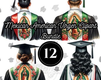 May include: A set of 12 digital clipart images featuring graduation caps with Mexican American Virgin Mary designs. The caps are black with gold trim and feature a green, white, and red sash with a Virgin Mary image in the center.