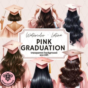 Graduation Clipart Pink Watercolor, Latina Grad Girl, Senior 2025 Download, Cap Toppers, Digital PNG