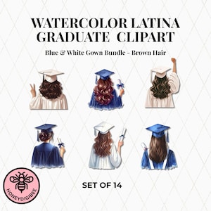 Watercolor Latina Graduation Clipart – Blue & White Gowns, Brown Hair