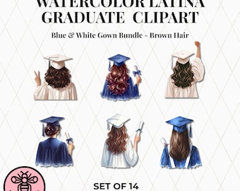 Watercolor Latina Graduation Clipart – Blue & White Gowns, Brown Hair