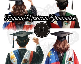 May include: Four graduation caps with the text "Filipino/Mexican Graduates" and the number "14" in the center. Each cap is decorated with the flags of the Philippines and Mexico.