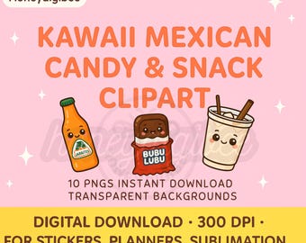 Peut inclure: Clipart numérique de bonbons et collations mexicaines Kawaii. L'image présente une bouteille de Jarritos, une barre chocolatée Bubu Lubu et une boisson avec un bâton de cannelle, tous avec des visages mignons. Le fond est rose avec des étoiles.